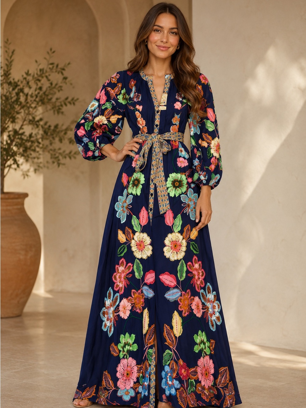 Hermoza Johanna Tie Dress Navy Flora V-Neck Maxi Dress with Waist Tie $268 Small